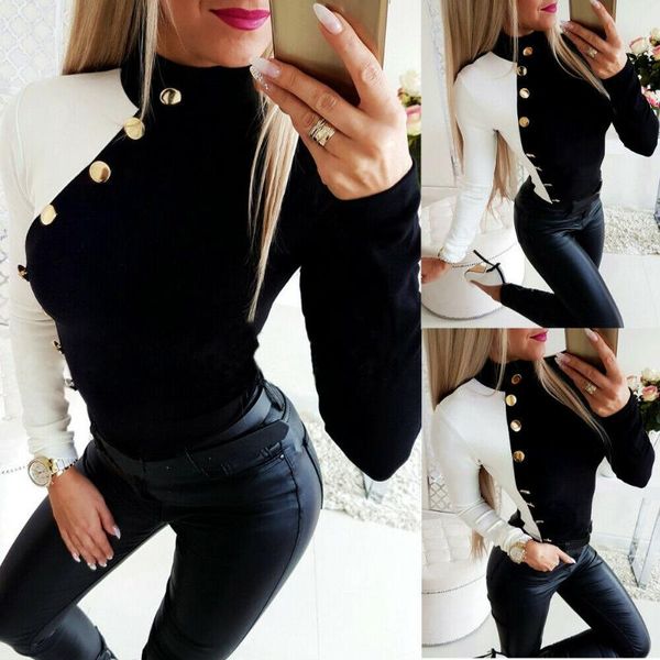 

women's t-shirt 2021 black t-shirts fashion casual long sleeve slim buttoned clothes tee pullover, White