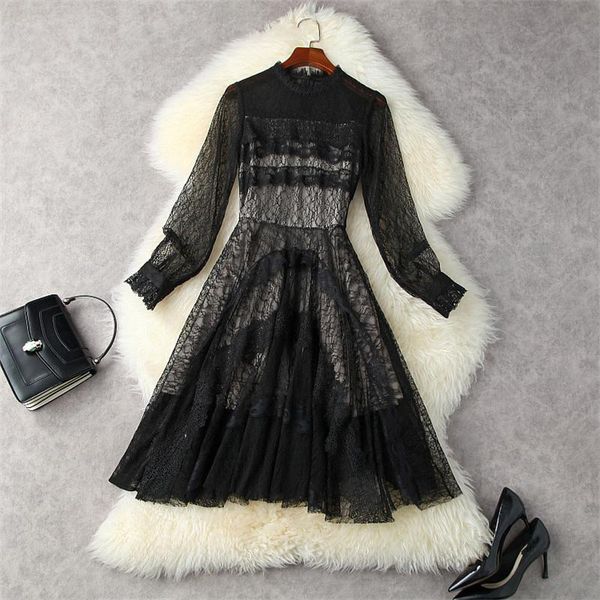 

casual dresses lady 2021 autumn designer lantern sleeve ruffles transparent lace dress for women fashion celebrity party vestidos black, Black;gray
