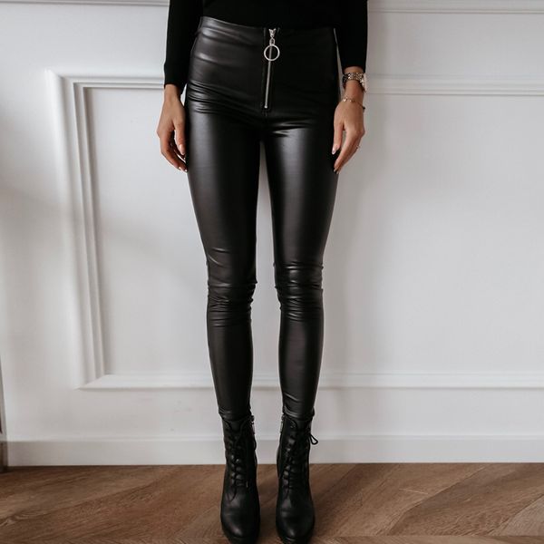 

2021 new pu pencil for women ny high waist tight trouser fashion black leather pants yfqw, Black;white