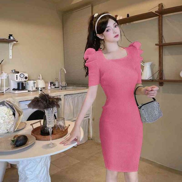 

square neck short sleeve knitwear korea women night club party knitting dress skinny slim fit knee-length casual dress clothes, Black;gray