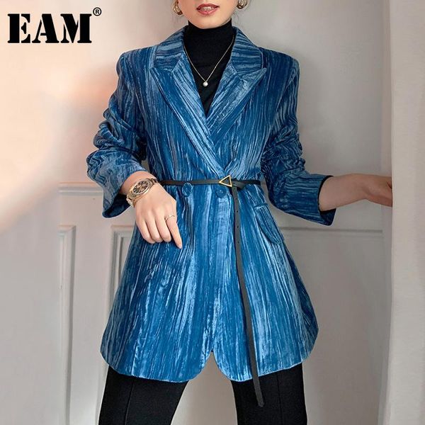 

[eam] women blue velvet big size blazer new notched long sleeve loose fit jacket fashion tide spring autumn 2021 1dd5529, White;black