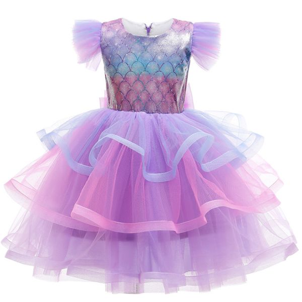 

2021 new meninas sereia princesa vestido em camadas manga curta novo estilo para crianas trajes desempenho presente de aniversrio 636o, Red;yellow
