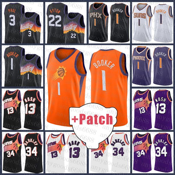 

2021 new suns basketball jersey devin 1 booker chris 3 paul deandre 22 ayton steve 13 nash charles 34 barkley brown beige, Black;red