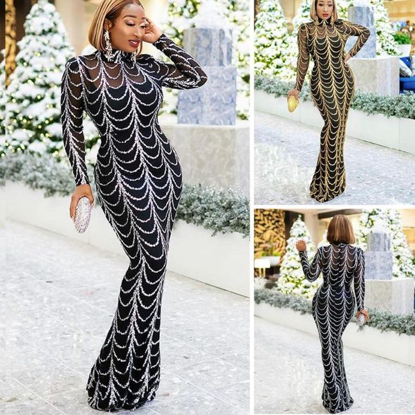 

ethnic clothing women party evening maxi dress sequin luxury bodycon long sleeve floor length african ladies robe kaftan fashion, Red