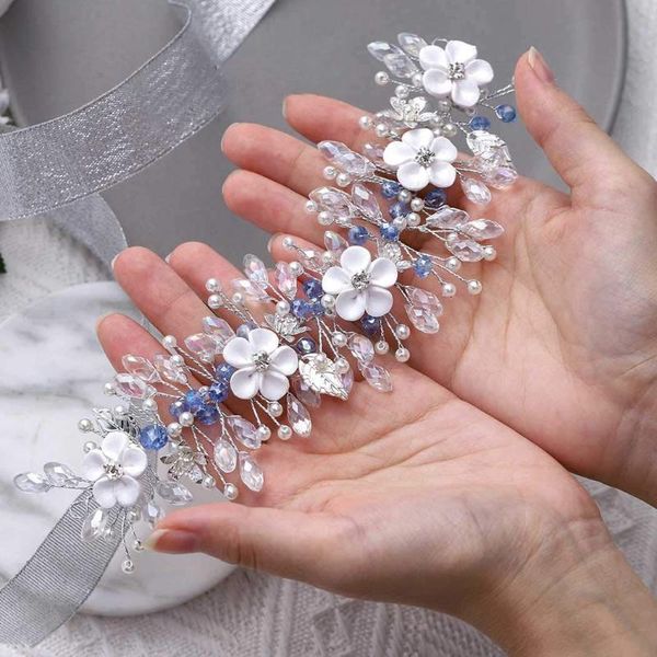 

hair clips & barrettes blue rhinestone inlaid flower headdress wedding accessories for bridal headwear headband prom fashion elegant tiaras, Golden;silver