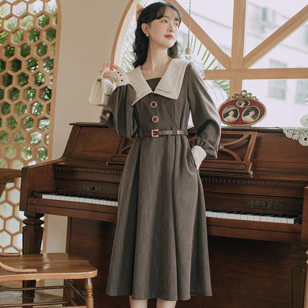 

casual dresses vintage turn-down collar long sleeve dress women ol style elegant ladies midi with belt spring autumn female clothes, Black;gray