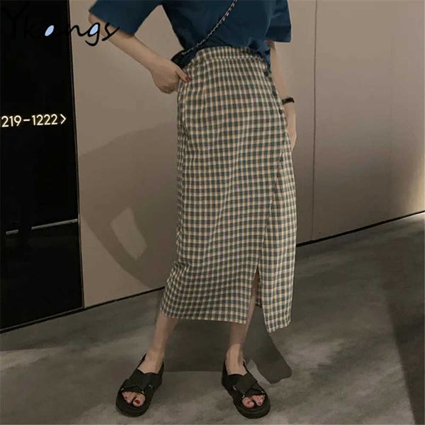 

vintage plaid women skirts autumn split fork high waist pencil midi long skirt korean summer female mujer women skirt maxi 210619, Black