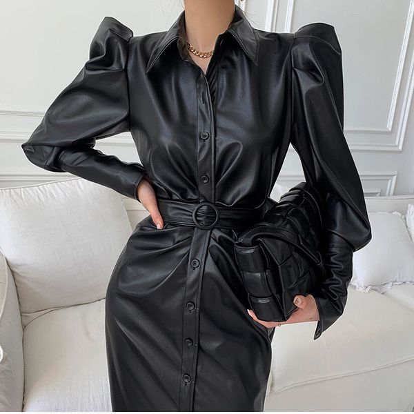 

pu 2021 leather fashion bodycon sashes slim long sleeve spring bandage elegant new street wear dqzm, Black;gray