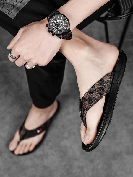 

luxury grid pattern slippers genuine leather designer rubber slide sandal floral brocade slipper men black white non-slip gray