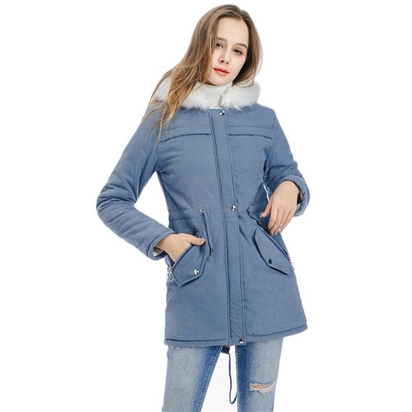 Kış Ceket Kadınlar Denim Mavi 7 Renkler M-3XL Artı Boyutu Sonbahar Kadife Ekleyin Kalın Sıcaklık Kürk Kapüşonlu Parkas Feminina LR931 210531