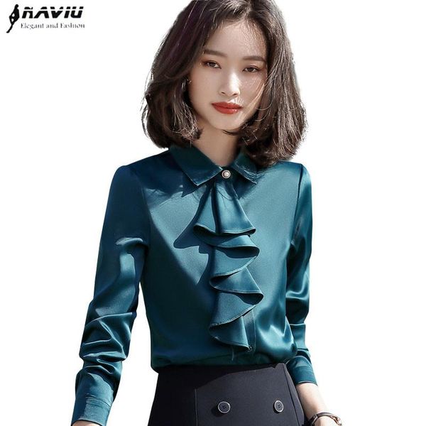 

chiffon shirt women 2021 new fashion satin long sleeve ruffles slim blouses office ladies professional work, White