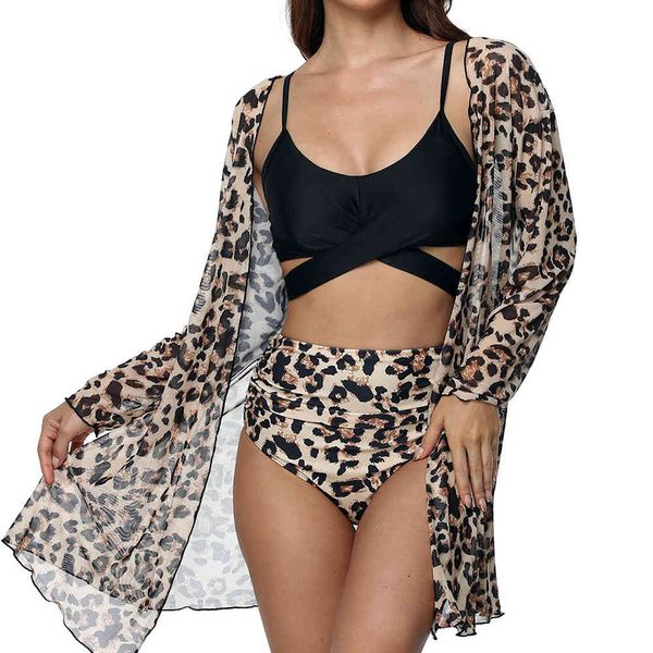 

women's swimwear cross bikini women high waist swimsuit female three piece set with cover up bathing suit summer beach wear, White;black