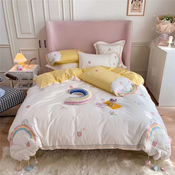 

bedding sets cute rainbow cloud embroidery egyptian cotton princess set  king duvet cover bed sheet pillowcases home textiles