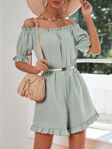 

frill trim off shoulder swiss dot romper without belt b7vb#, White
