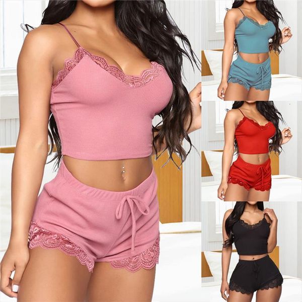 

two piece pajamas set women sleepwear lace and shorts pajama spaghetti strap high elastic woman clothes, Black;red