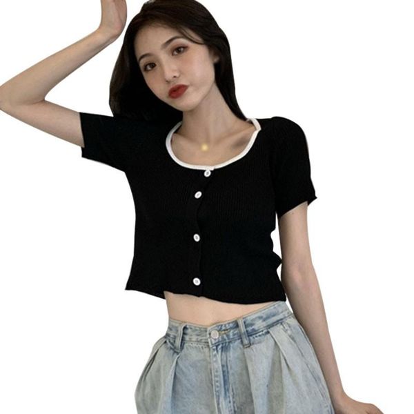 

women's t-shirt women korean summer round neck stitching casual thin short-sleeved cardigan, White
