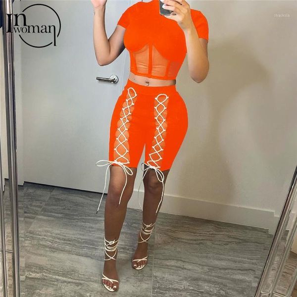 

women's tracksuits inwoman 2 piece sets womens outfits summer two shorts women tracksuit drawstring crop transparent matching, Gray