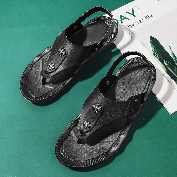 

slippers padegao 2021 summer fashion flat non-slip outdoor manual leather soft casual men's flip-flop sandals dual-use, Black