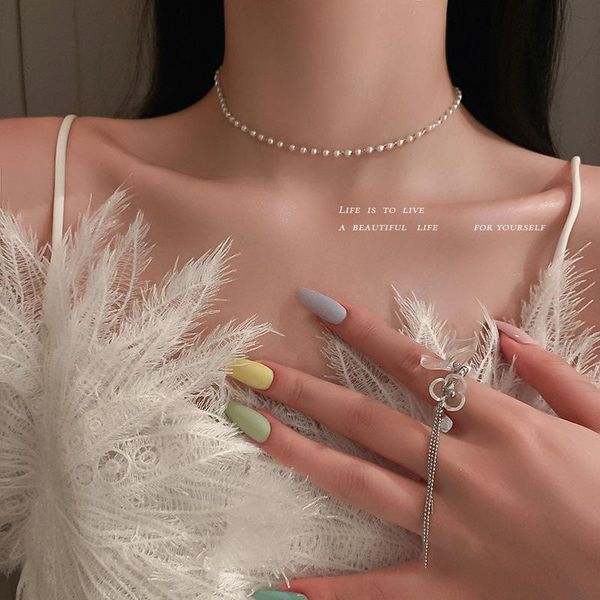 

chains french retro millet bead pearl necklace niche design clavicle chain short wholesale jewelry for woman 2021 trend, Silver