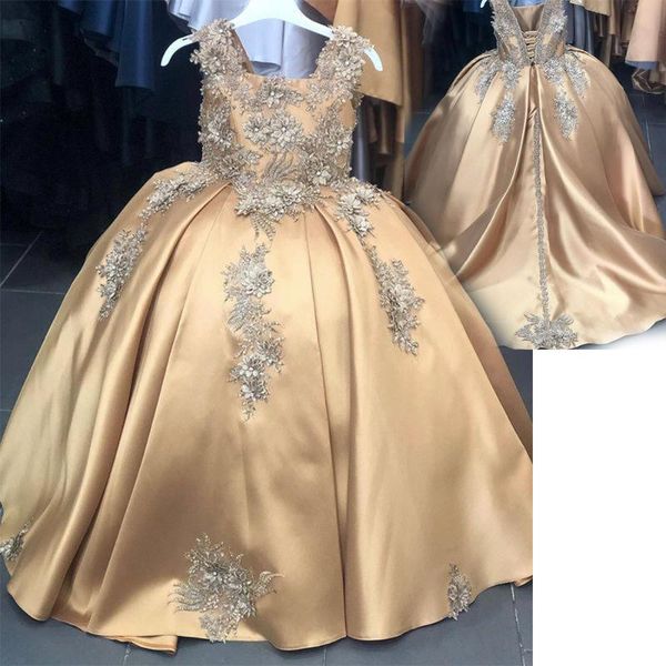 

girl's dresses gold luxurious lace beaded satin flower girl fashion tulle elegant lilttle kids birthday pageant weddding gowns, Red;yellow