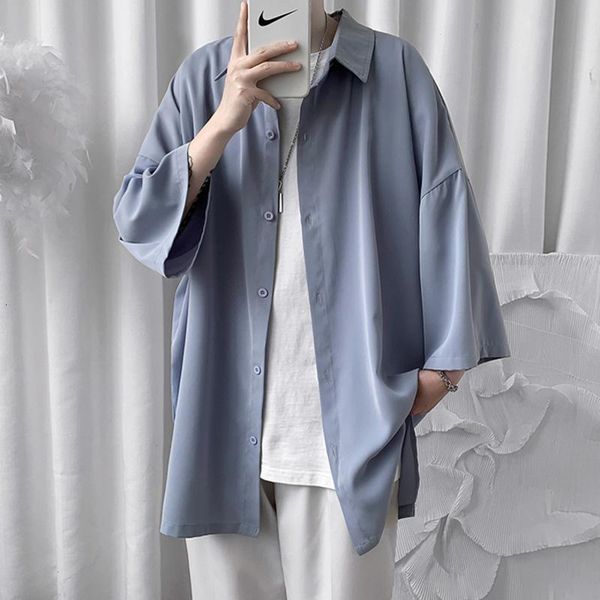 

men's casual shirts 2021 summer men korean style loose male solid color short sleeve man baggy couple clothes, White;black