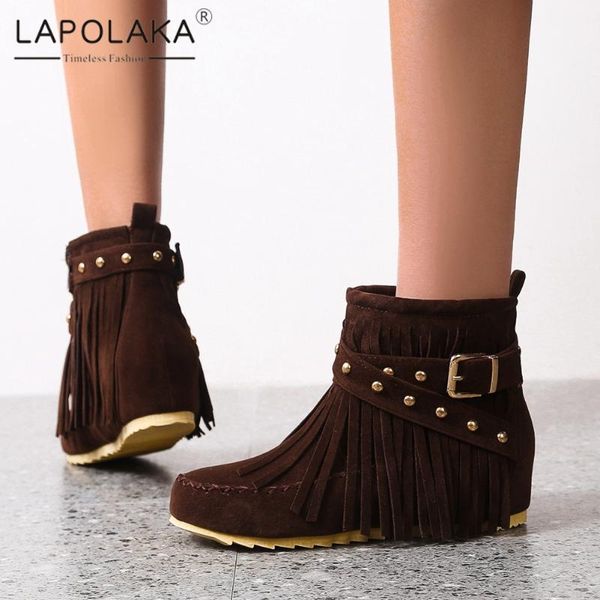 

boots lapolaka 2021 fashion plus size 48 trendy comfy ins dropship booties woman shoes concise fringes rivets tassel ladies, Black