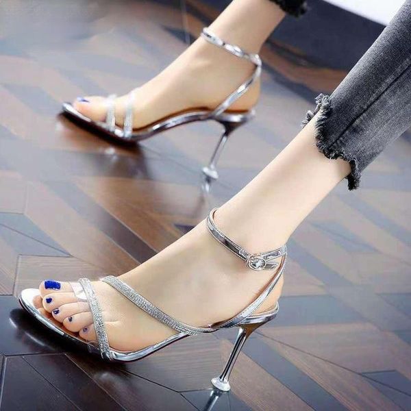 

sandals ladies summer high heels stiletto buckle strap gladiator peep toe shoes women party black silver gold