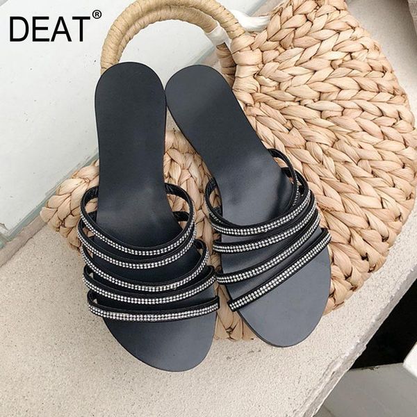 

slippers [deat] 2021 spring summer round toe shallow narrow band crystal outdoor flat women shoes fashion tide 10i352, Black