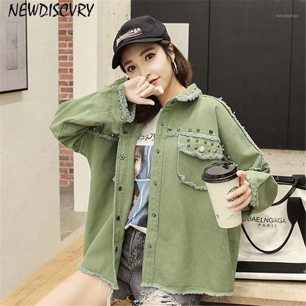 

women's jackets discvry 2021 chic spring rivet denim jacket women's large size outerwear irregular jeans streetwear1, Black;brown