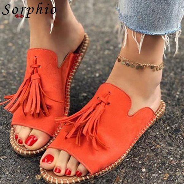 

slippers sorphio female 2021 casual slip on brand handmade shoes woman open toe flat sandals women fringe summer, Black