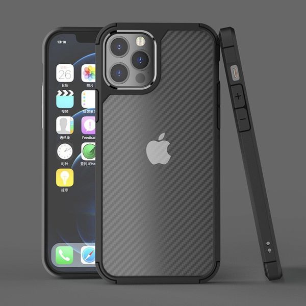 Caixa de fibra de carbono para iPhone 14/13/12 mini/pro/max pc traseiro de p￡ra -choques macios meio transparente capa de moda 100pcs/up