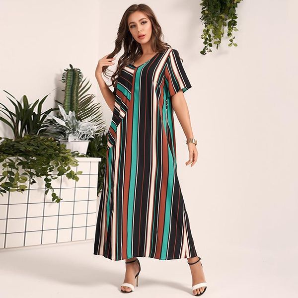 

casual dresses summer long maxi dress women 2021 multi-color striped chiffon belt pocket fashion v-neck short sleeve loose robes, Black;gray