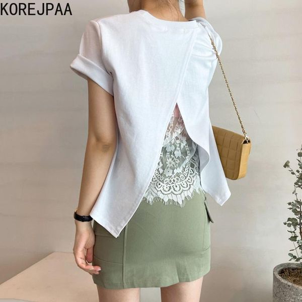 

women's t-shirt korejpaa women 2021 summer korean chic simple temperament round neck lace crochet stitching back split short-sleeved to, White