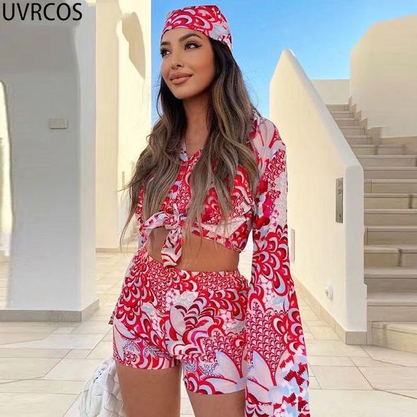 

women's tracksuits uvrcos resort wear women 2021 autumn arrival print single-breasted long sleeve +elasticy shorts+scarf 3 piece set wo, Gray
