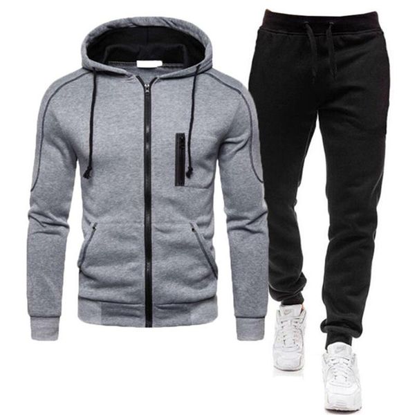 

men's tracksuits autumn zipper hoodie sweatshirt 2-piece set sportswear + pants} solid color sports fitness jacket jogging suit, Gray