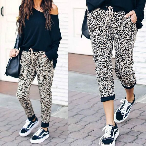 

women's pants & capris 2021 women leopard printed elastic waist pencil casual leg for skinny trousers, Black;white