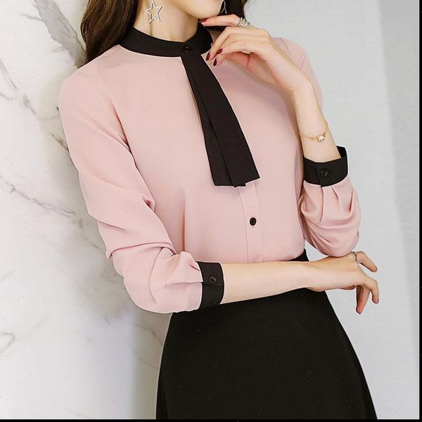 

leisure work shirts spring autumn women blouse long sleeve patchwork tie neck slim chiffon blouses office ladies pink white