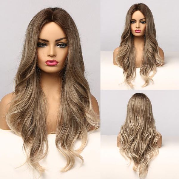 

synthetic wigs long wavy ombre blonde hair middle part natural for afro women daily cosplay fashion heat resistant, Black