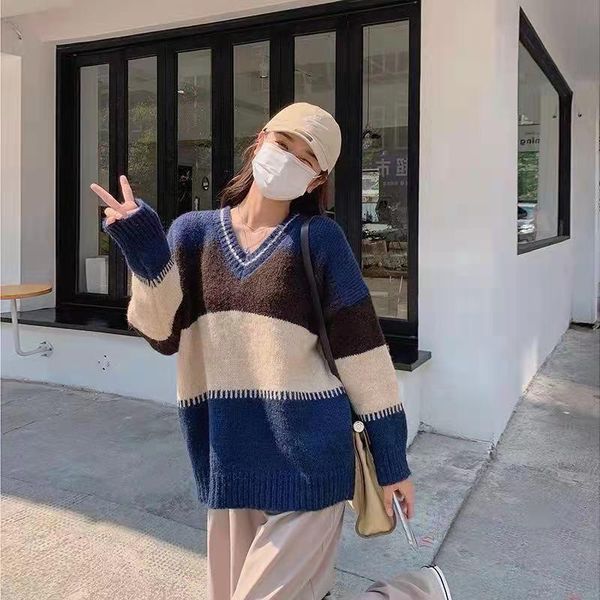 

women's sweaters knitted woman pull femme colorblock long sleeve sweet sweater women korean fashion stripes pullover, White;black
