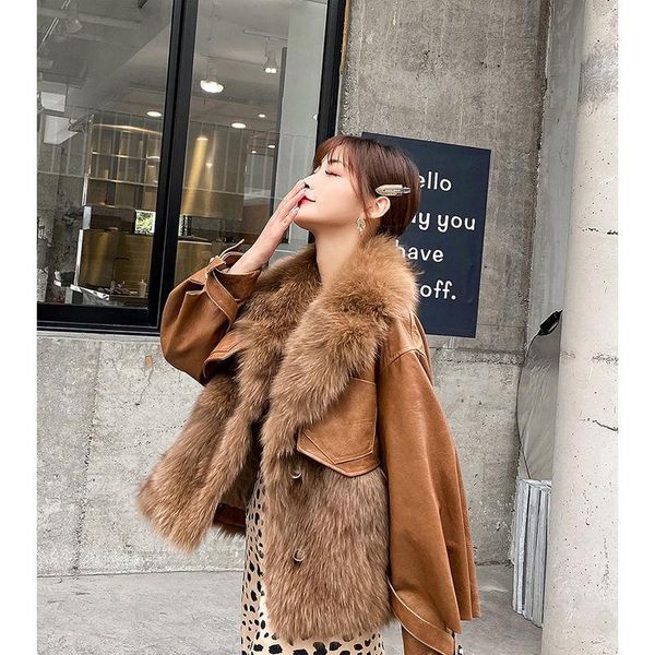 

2021 new winter artificial leather stitching fake fur coat women 's short, Black