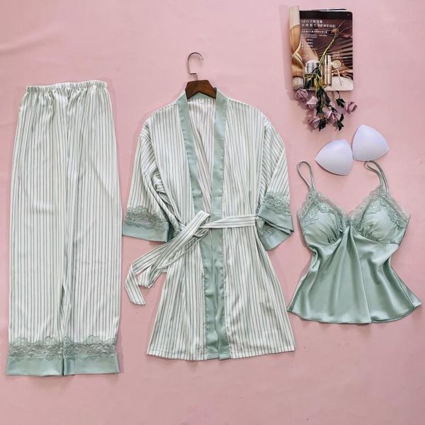 

women's sleepwear striped women sleep set spring nightwear casual 3pcs robe suit home clothing lace nightgown v-neck kimomo gown, Black;red