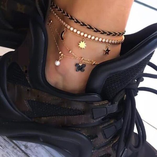 

anklets huatang 5pcs boho pearl butterfly pendant anklet bracelet multilayer braided rope foot chains for women girls beach jewelry 8538, Red;blue