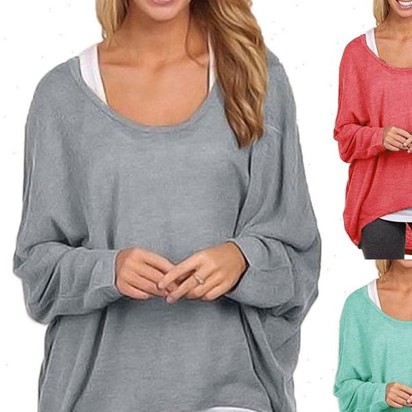 

fashion women round neck long sleeve solid color loose pullover blouse drop shipping good quality, White