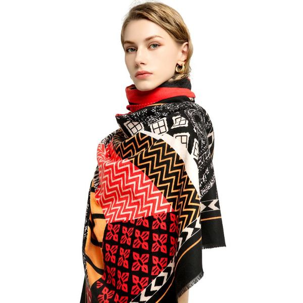 

scarves women's scarf high grade cotton cashmere thickened printing geometric autumn and winter warm, Blue;gray