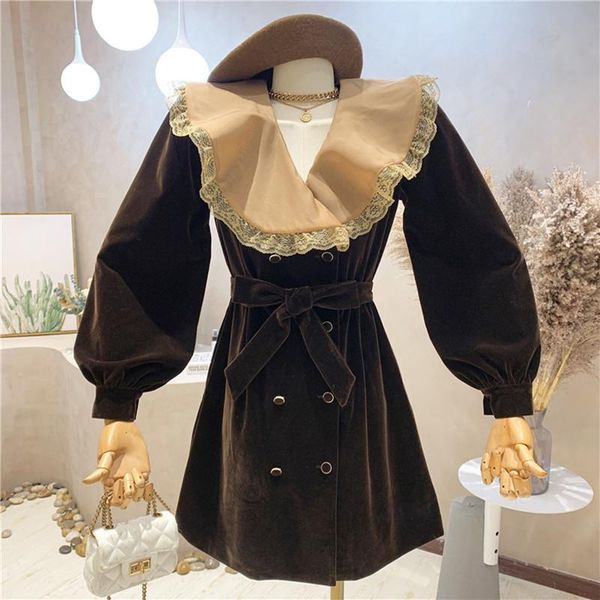 

casual dresses niche design women's clothing 2021 autumn retro style sense large lapel contrast color double breasted velvet dress, Black;gray