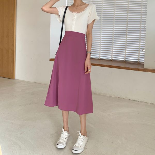 

new 2021 women elegant ol skirt ladies a-line fashion party office solid high waist skirts hk9j, Black