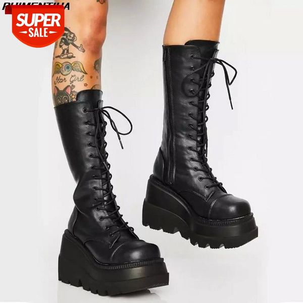 

dropship big size 43 shoelaces wedge high heels platform tide trendy cool autumn winter mid-calf boots shoes women footwear #a72n, Black
