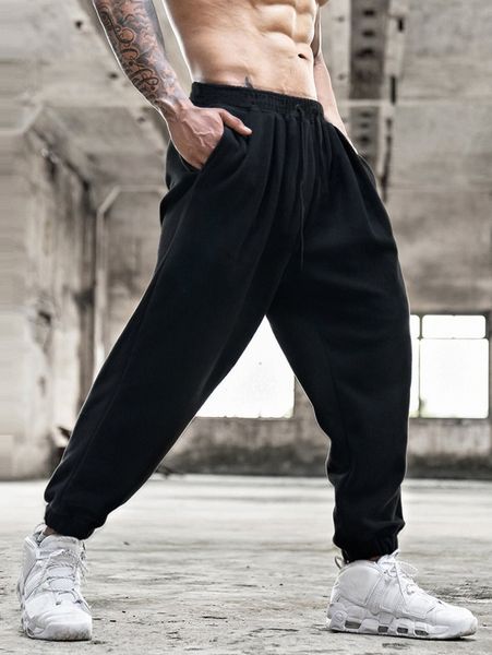 

men drawstring waist slant pocket sweatpants h9f3#, Black