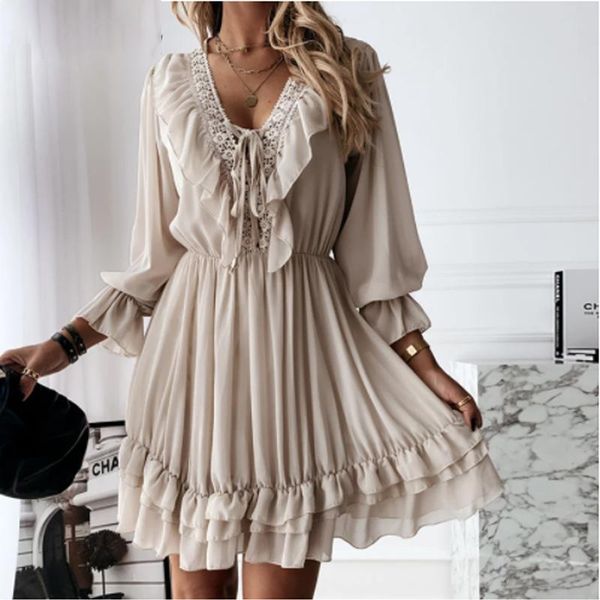 

casual dresses lace women's party dress elegant long sleeve ruffle chiffon white summer v neck ladies wedding clothing 2021, Black;gray
