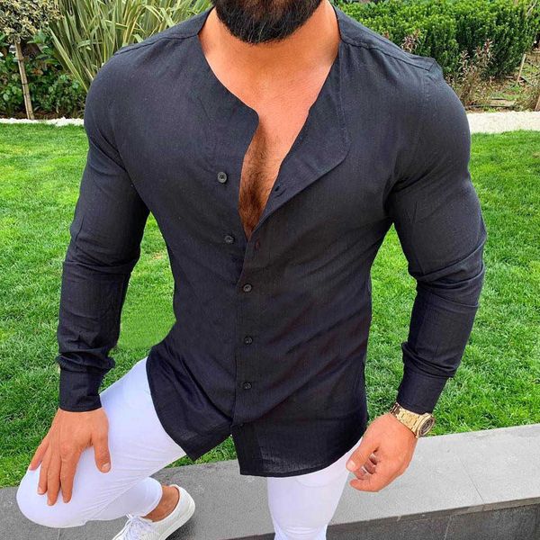 

casual men's long sleeve shirt style linen button slim cardigan round neck cotton hemp autumn, White;black